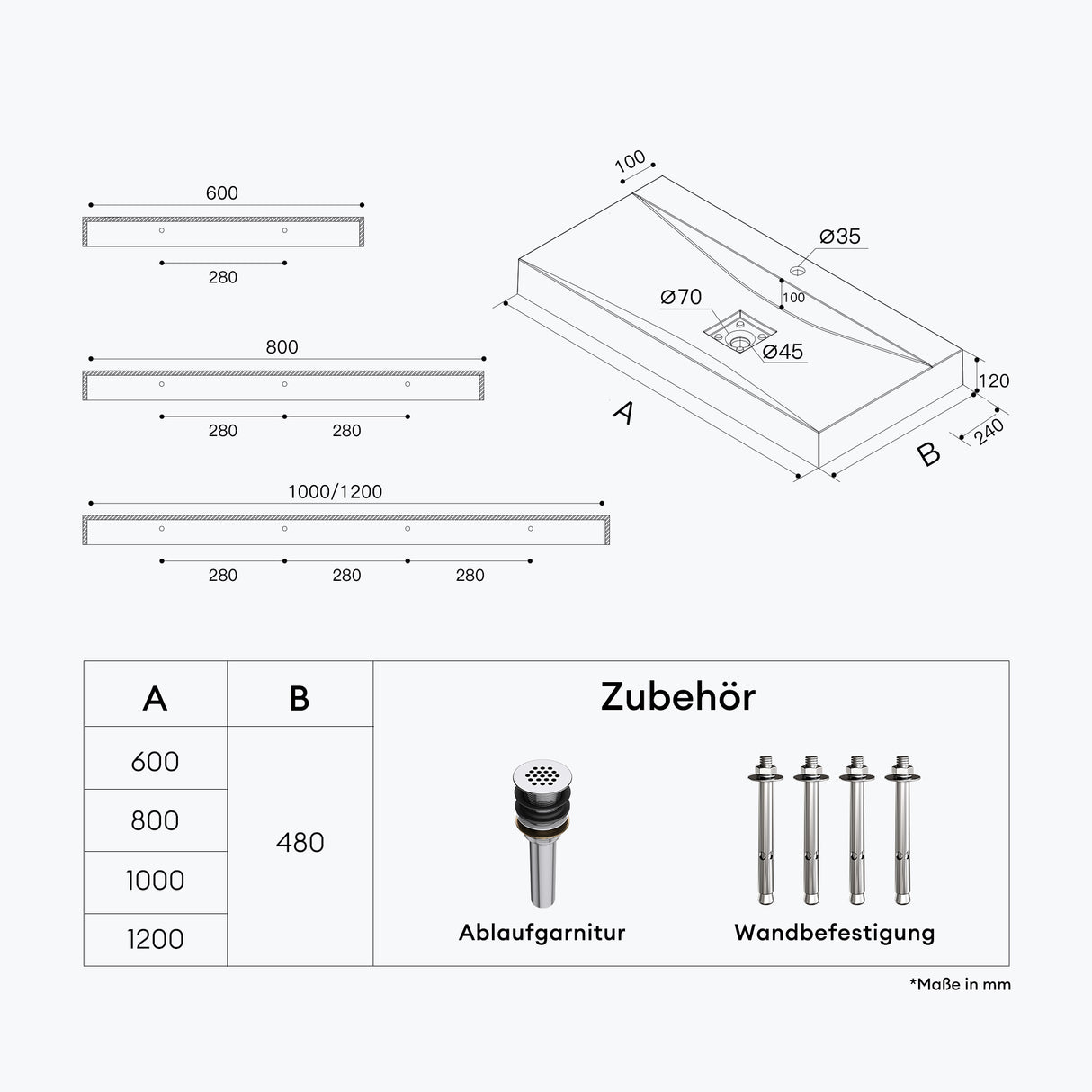 glasvilla Lavabo da Appoggio da Marmo fuso Lavabo Bagno Sospeso Lavandino Bagno Rettangolare Colossum810