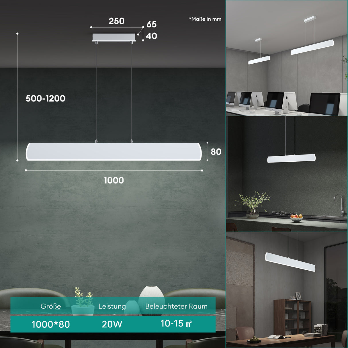 glasvilla Lampadario a Sospensione 20W, 100 CM Lampada da Soffitto a Sospensione Dimmerabile con Telecomando 3000K/4000K/6000K per Camera da Letto e Soggiorno