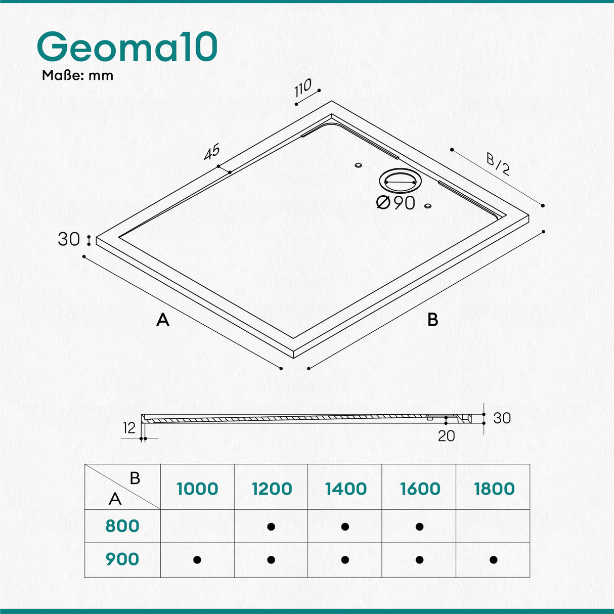 glasvilla Piatto Doccia in Pietra Artificiale, Piatto Doccia con Attacco DIN, Altezza 3CM, Geoma10