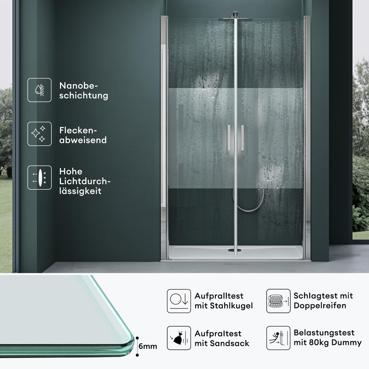glasvilla Puerta de ducha Puerta de nicho ducha Separación de ducha Cabina de ducha Puerta oscilante 180° Doble puerta 6mm ESG Recubrimiento Nano Vidrio claro/Satinado Rayas/Vollsatiniert con mecanismo de elevación y descenso Teramo24K+MS+VS