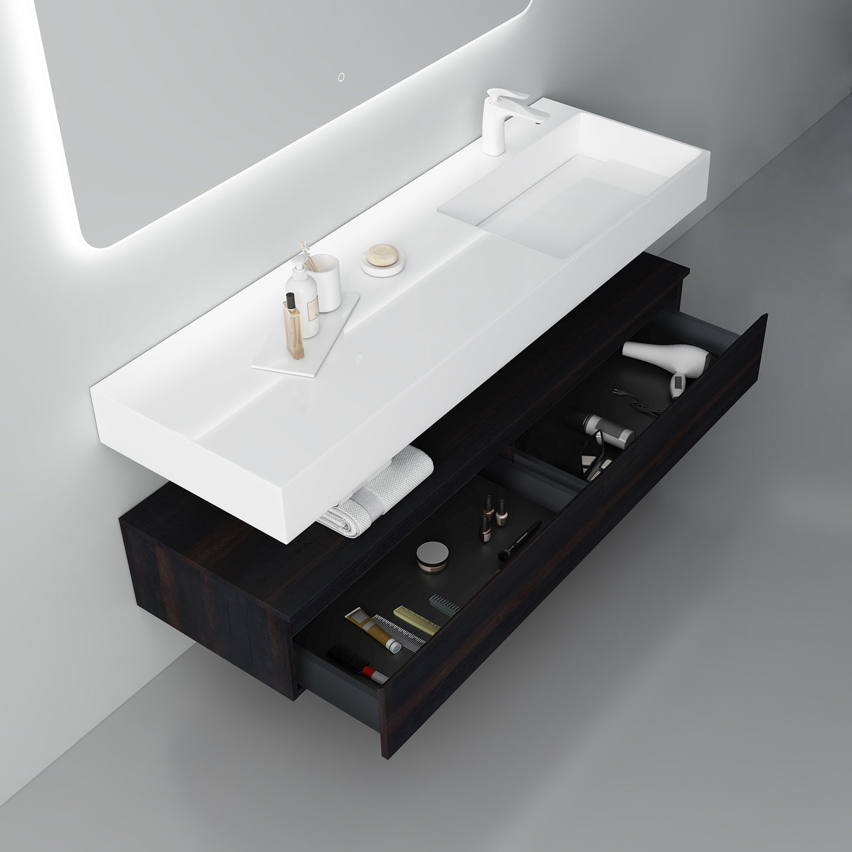 conjunto de muebles de baño glasvilla lavabo con mueble inferior 150x48x25cm con cajones de cierre suave incl. lavabo de mineral fundido UP