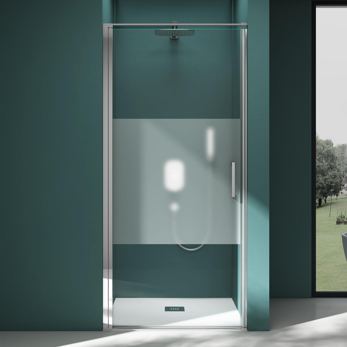 glasvilla Puerta de ducha Puerta de nicho ducha Separación de ducha Cromo y Negro Cabina de ducha Puerta oscilante 8mm vidrio de seguridad ESG con recubrimiento nano Mecanismo de elevación y descenso Vidrio claro y vidrio esmerilado Rayas Teramo36K