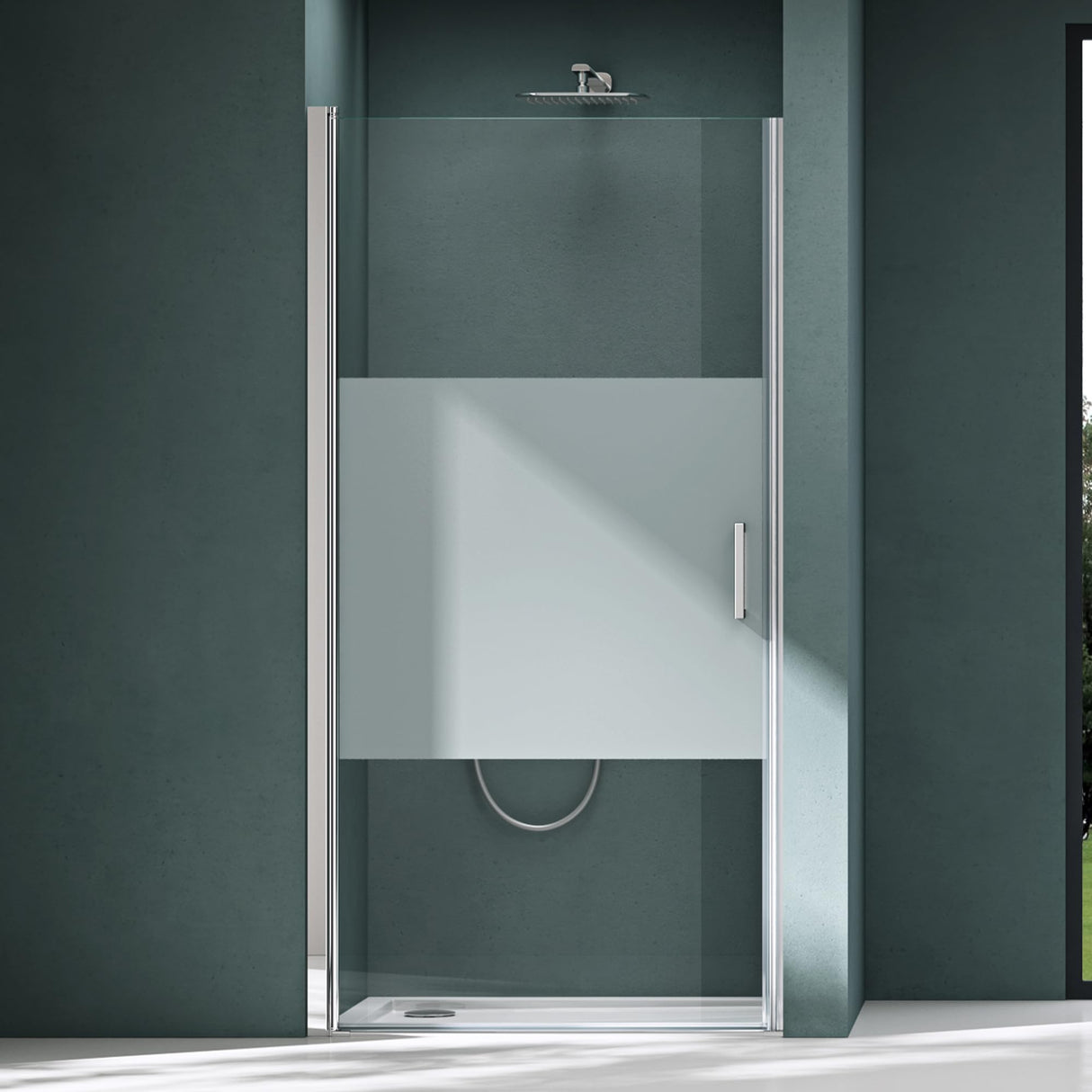 glasvilla Puerta de ducha Puerta de nicho Ducha Separación de ducha Cabina de ducha Puerta oscilante 180° vidrio de seguridad ESG con mecanismo de elevación y descenso vidrio claro y satinado rayas Teramo24K+MS D Nuevo