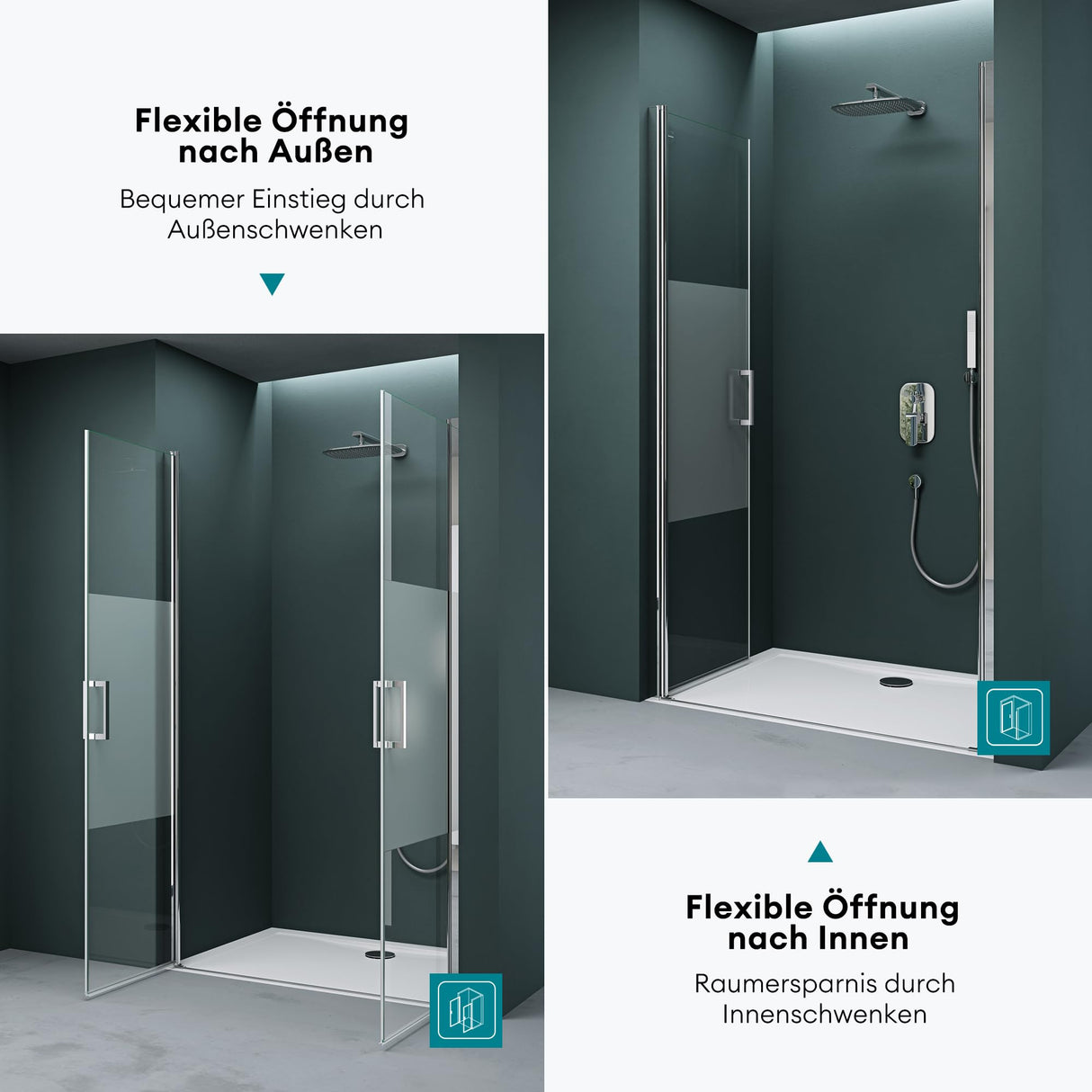 glasvilla Puerta de ducha Puerta de nicho ducha Separación de ducha Cabina de ducha Puerta oscilante 180° Doble puerta 6mm ESG Recubrimiento Nano Vidrio claro/Satinado Rayas/Vollsatiniert con mecanismo de elevación y descenso Teramo24K+MS+VS