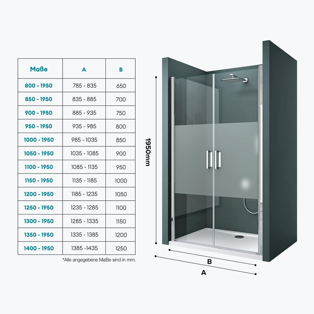 glasvilla Puerta de ducha Puerta de nicho ducha Separación de ducha Cabina de ducha Puerta oscilante 180° Doble puerta 6mm ESG Recubrimiento Nano Vidrio claro/Satinado Rayas/Vollsatiniert con mecanismo de elevación y descenso Teramo24K+MS+VS
