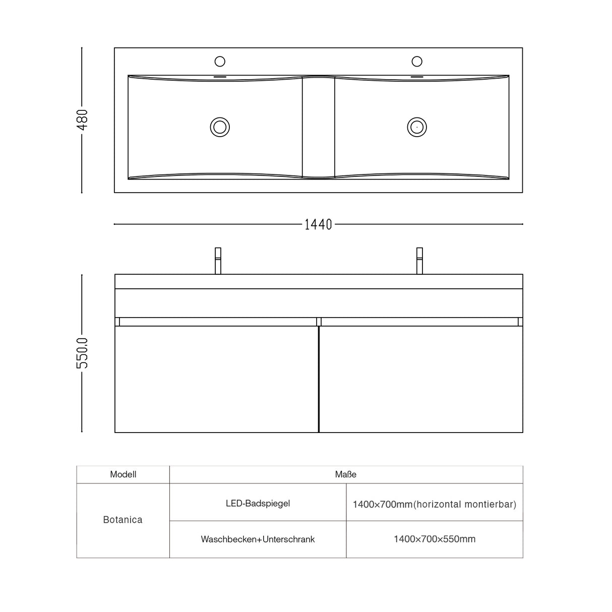 glasvilla Badmöbel Set Badezimmermöbel mit Mineralguss Waschbecken Waschtisch Botanica