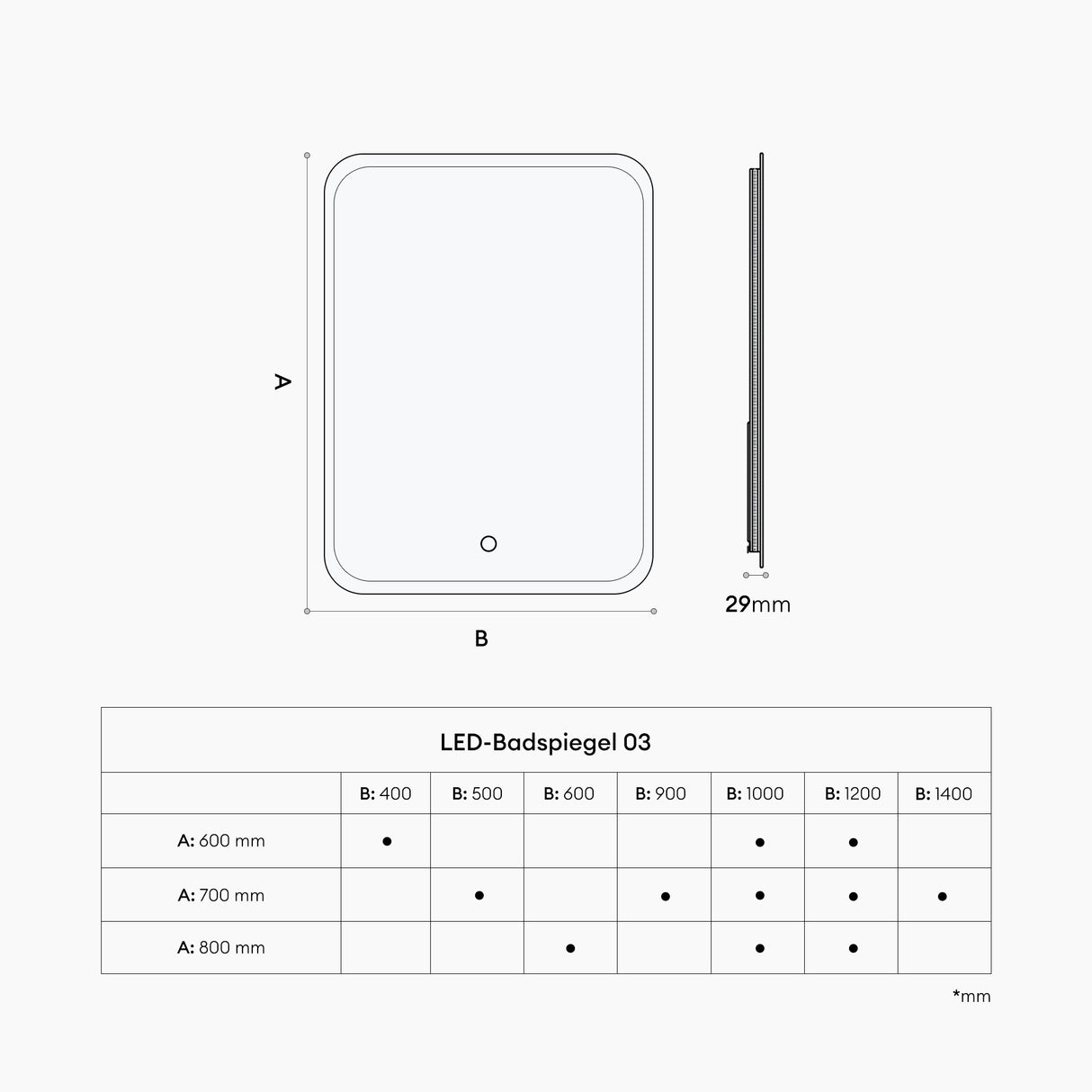 glasvilla Espejo de pared Espejo de baño LED Espejo de baño con interruptor táctil, libre de vaho gracias a la capa antifog