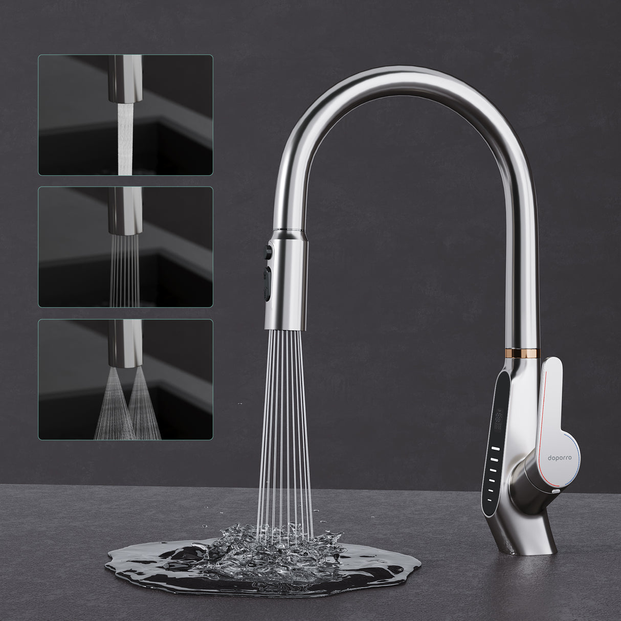 glasvilla Rubinetto da Cucina Estraibile con 3 Modalità e di Getto e Display digitale a LED Rubinetto per Lavello con Tubi e Accesorri Ruotabile a 360° MS-8085