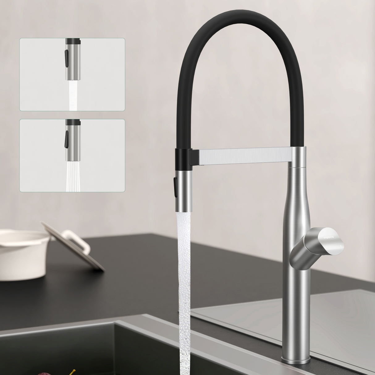 glasvilla Rubinetto per Cucina con 2 Modalità, Rubinetto Lavello Cucina in Acciaio Inossidabile 304 con Cartuccia Ceramica e Accesorri, Design Moderno Turnix-01