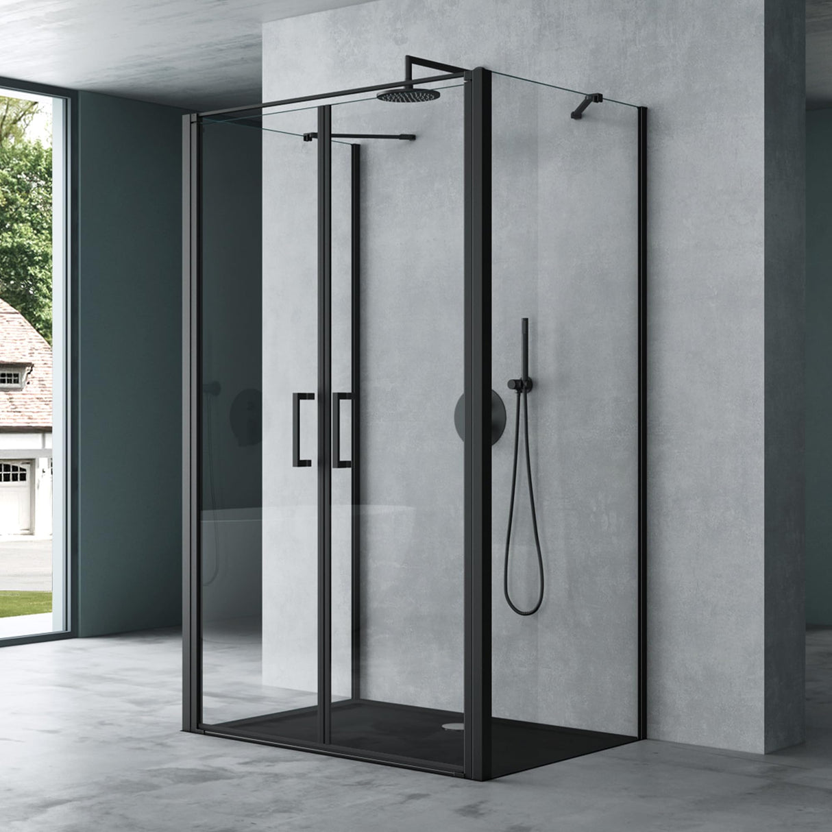 glasvilla Cabina de Ducha en Forma de U Separación de Ducha Cabina de Ducha Marco de Aluminio Vidrio de Seguridad ESG Vidrio Transparente Doble Puerta Negro Ravenna66UK