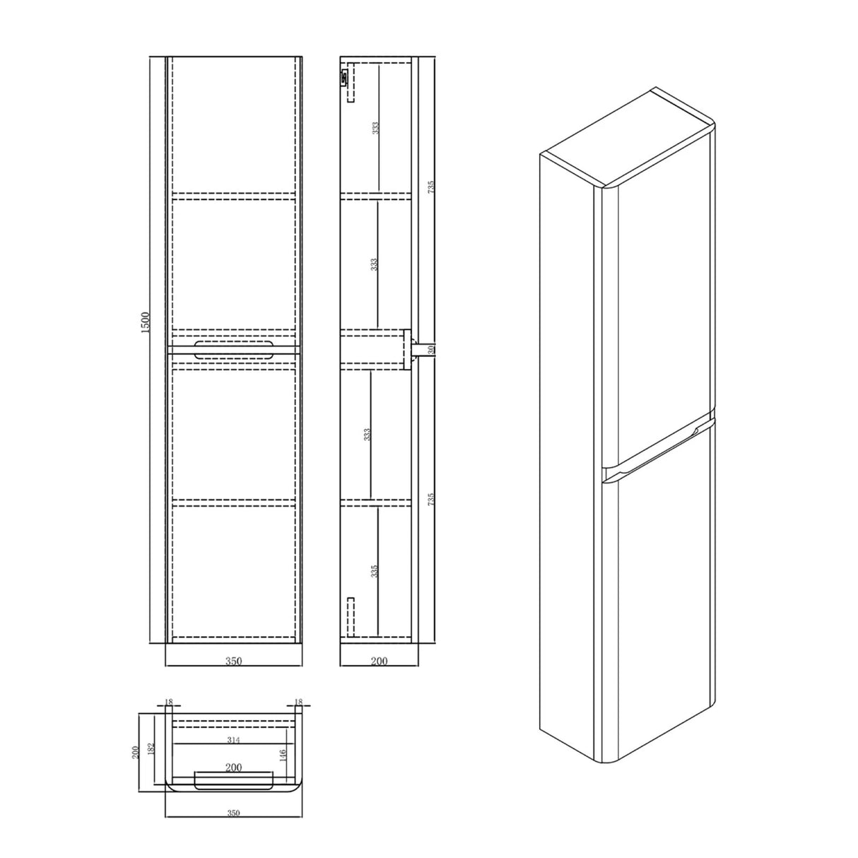 Meuble de salle de bain Glasvilla à 2 portes et 4 compartiments L x P : 35 x 20 cm. Armoire haute de salle de bain avec étagère. Meuble polyvalent Lucca.