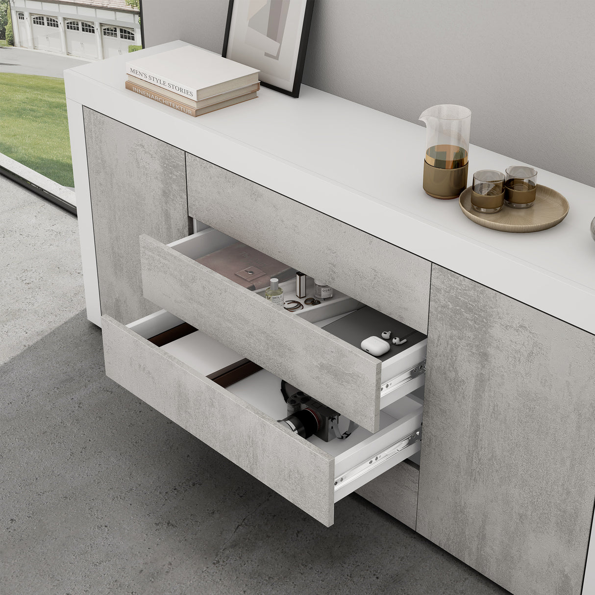 glasvilla Aparador Almacenamiento BTH: 167x36x70 cm con 2 Armarios y 4 Cajones Comoda Mueble Armario03