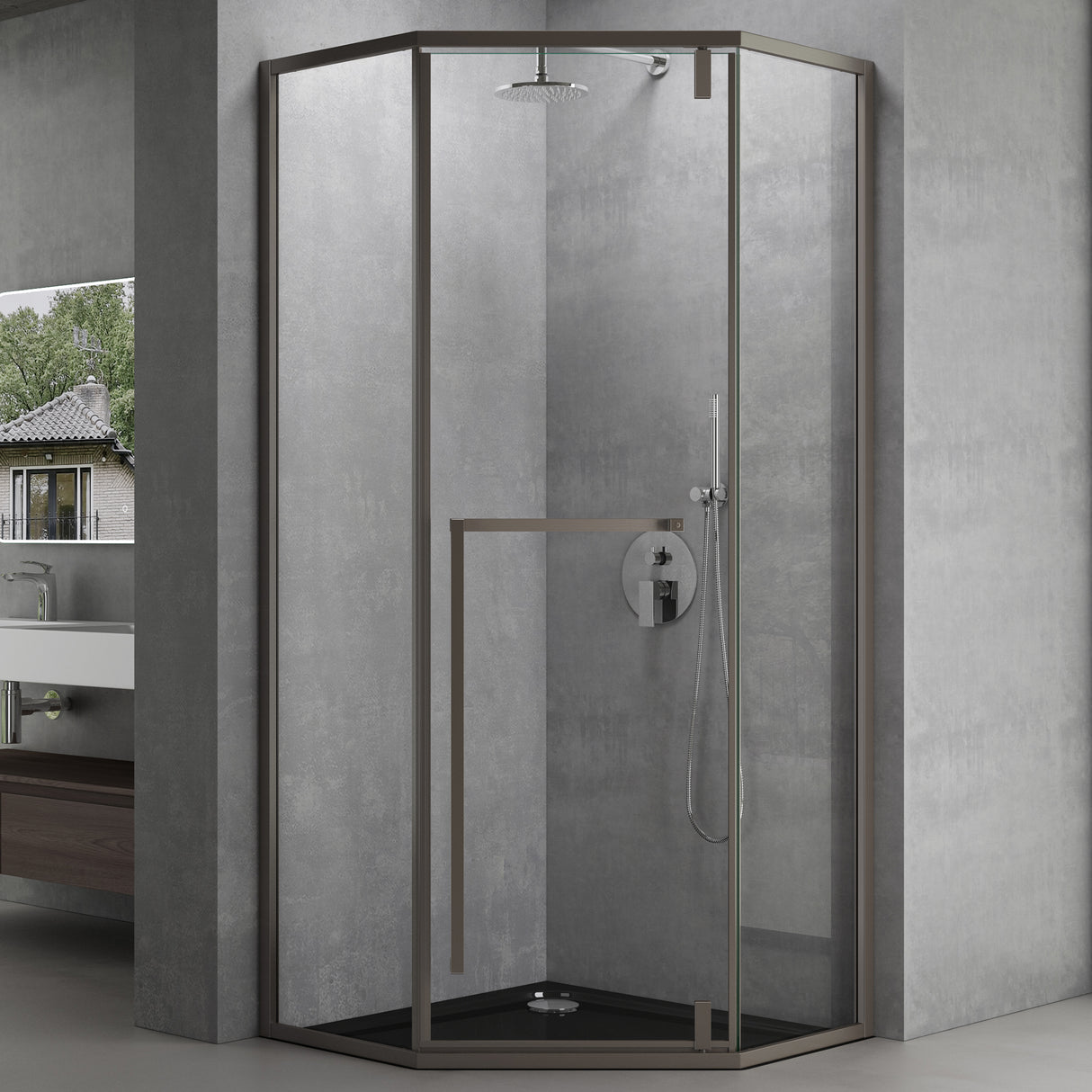glasvilla Box Doccia in Vetro Temperato di Sicurezza da 8 mm con Telaio Porta in Acciaio Inox Cabina Bagno Pentagonale in Vetro ESG Installazione a Terra Ravenna68