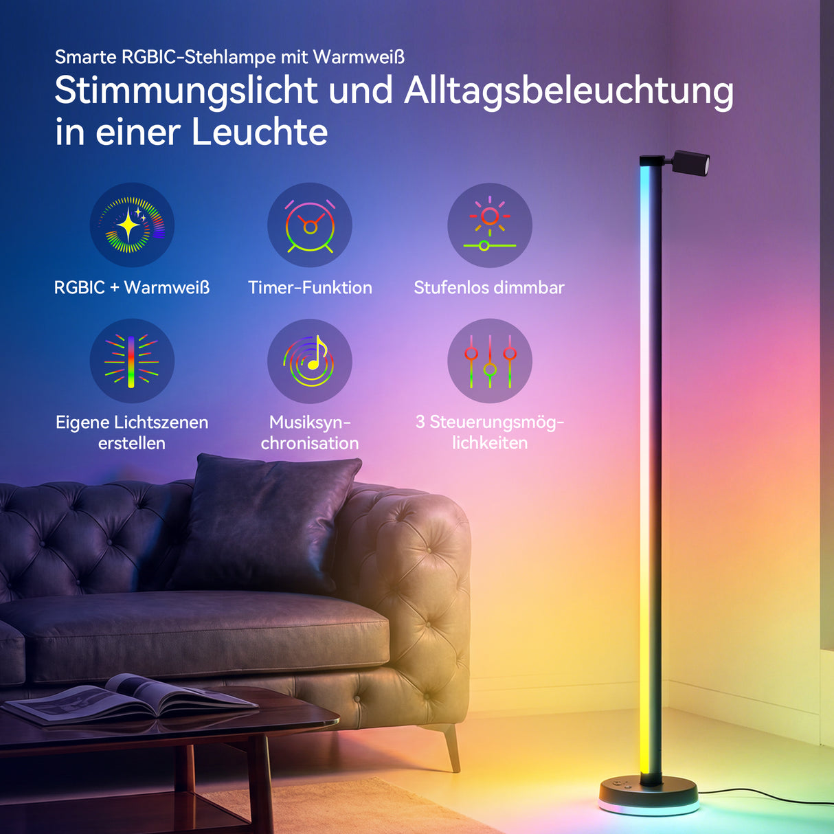 glasvilla Wohnzimmer Dimmbar mit Leselampe, RGBICWW LED Stehlampe mit Warmweiß & 16 Mio. Farben, App & Fernbedienung, 270° Licht, Musik-Sync, für Schlafzimmer Gaming, Lineora-02