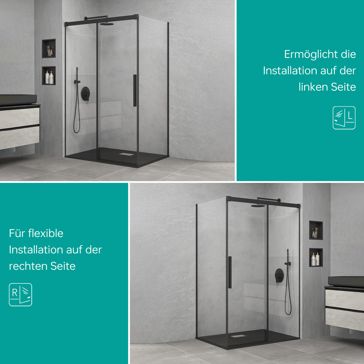Cabine de douche Glasvilla avec porte coulissante, paroi de douche en verre trempé de sécurité de 6 mm, mécanisme de fermeture amortie, ouverture latérale, coloris Ravenna12K Noir