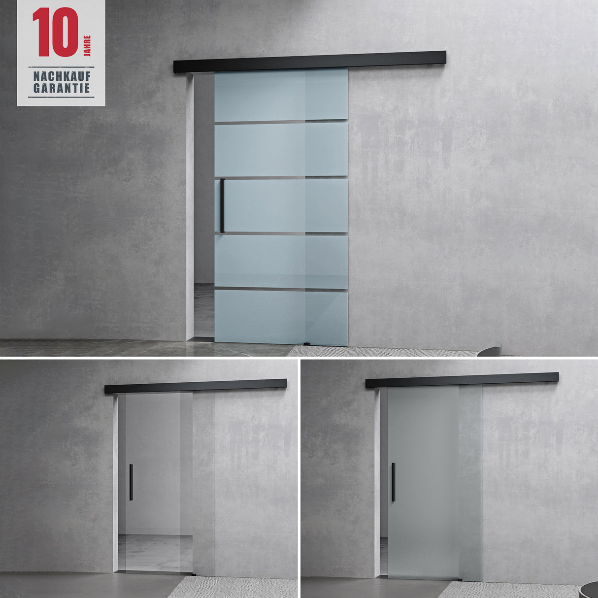 Ensemble complet de porte coulissante en verre Glasvilla, poignée barre, dégagement mural de 15 mm, fermeture amortie incluse, verre de sécurité trempé 8 mm Amalfi Black