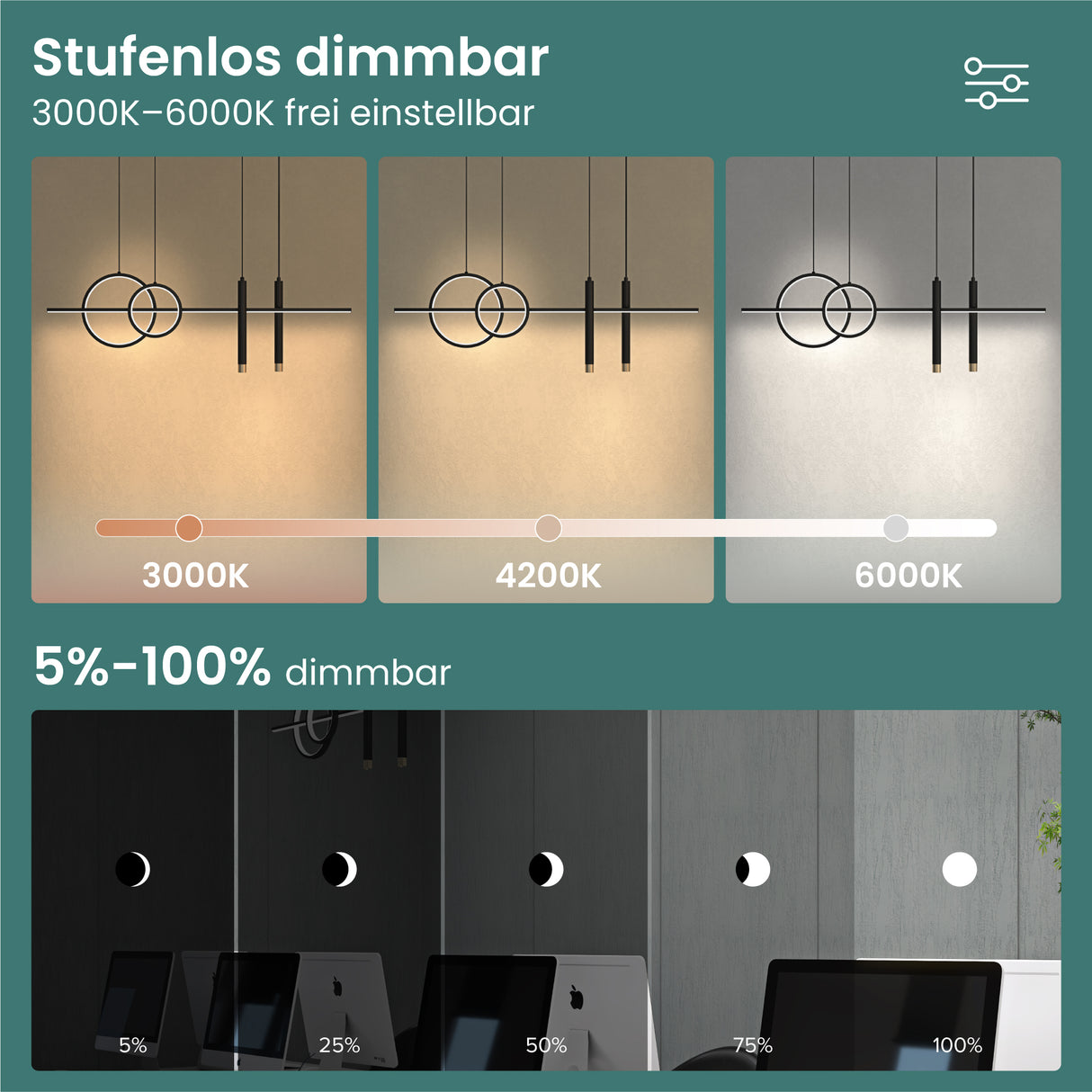 glasvilla Pendelleuchte 100cm LED Hängelampe Linear design 3000K/4200K/6000K Verstellbares Kabel 30W Hängeleuchte Alivetta2256