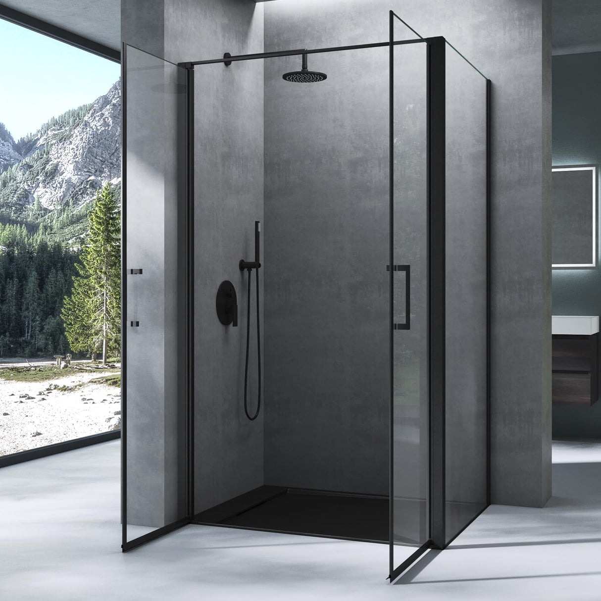 glasvilla Box Doccia in Vetro 8 mm Cabina Bagno Cromo e Nero con Porte Girevole Cabina Doccia in Vetro di Sicurezza ESG con Rivestimento Nano Ravenna66K