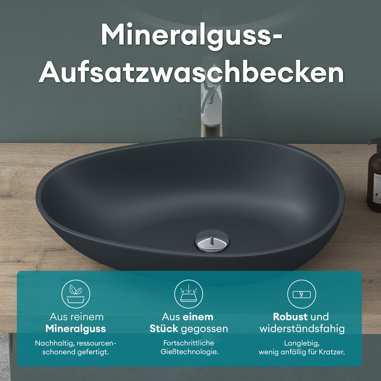 lavabo ovalado de encimera sin orificio para grifo y desagüe Col809