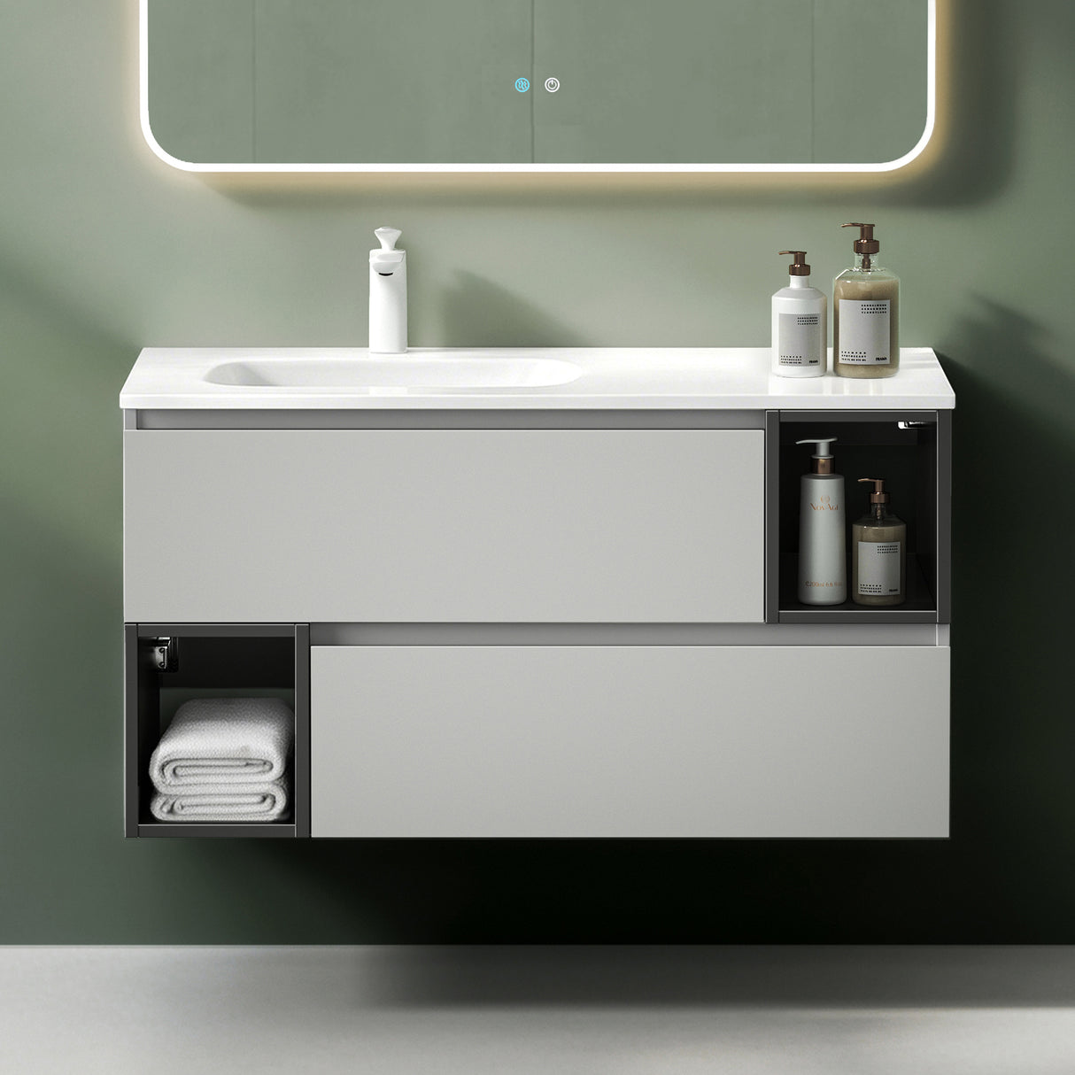 glasvilla Mobile Bagno Sospeso Mobinetto da bagno con Specchio e Lavabo da Marmo fuso, Gemini