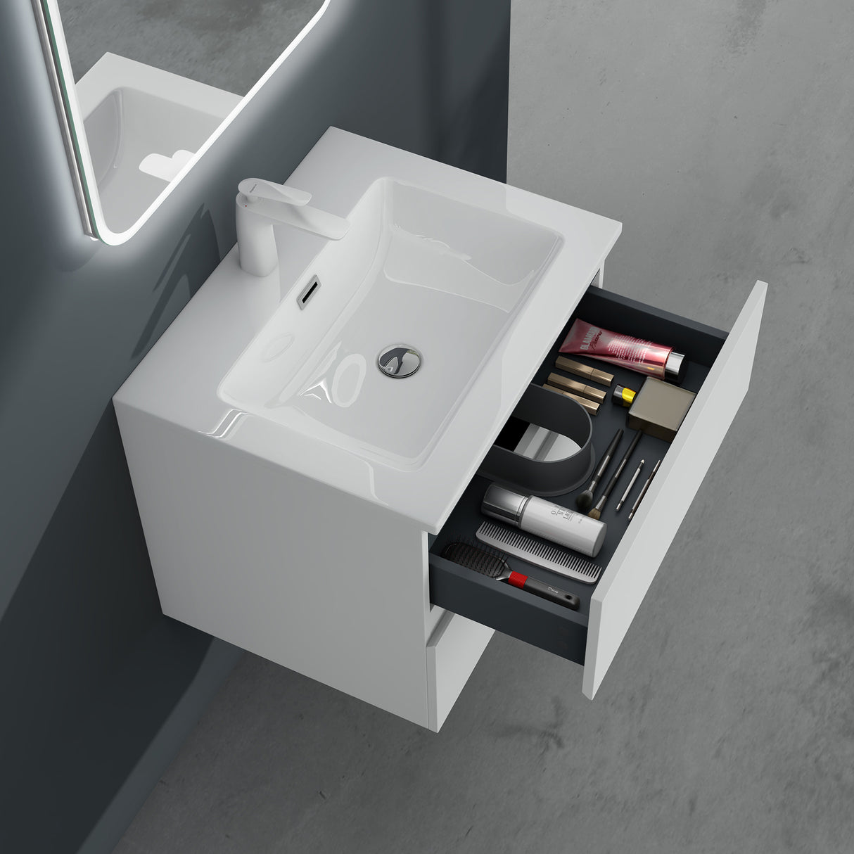 glasvilla Mobile Bagno Sospeso con 2 Cassetti Soft-close Mobiletto Bagno Include Lavabo da Marmo Fuso Aqualis