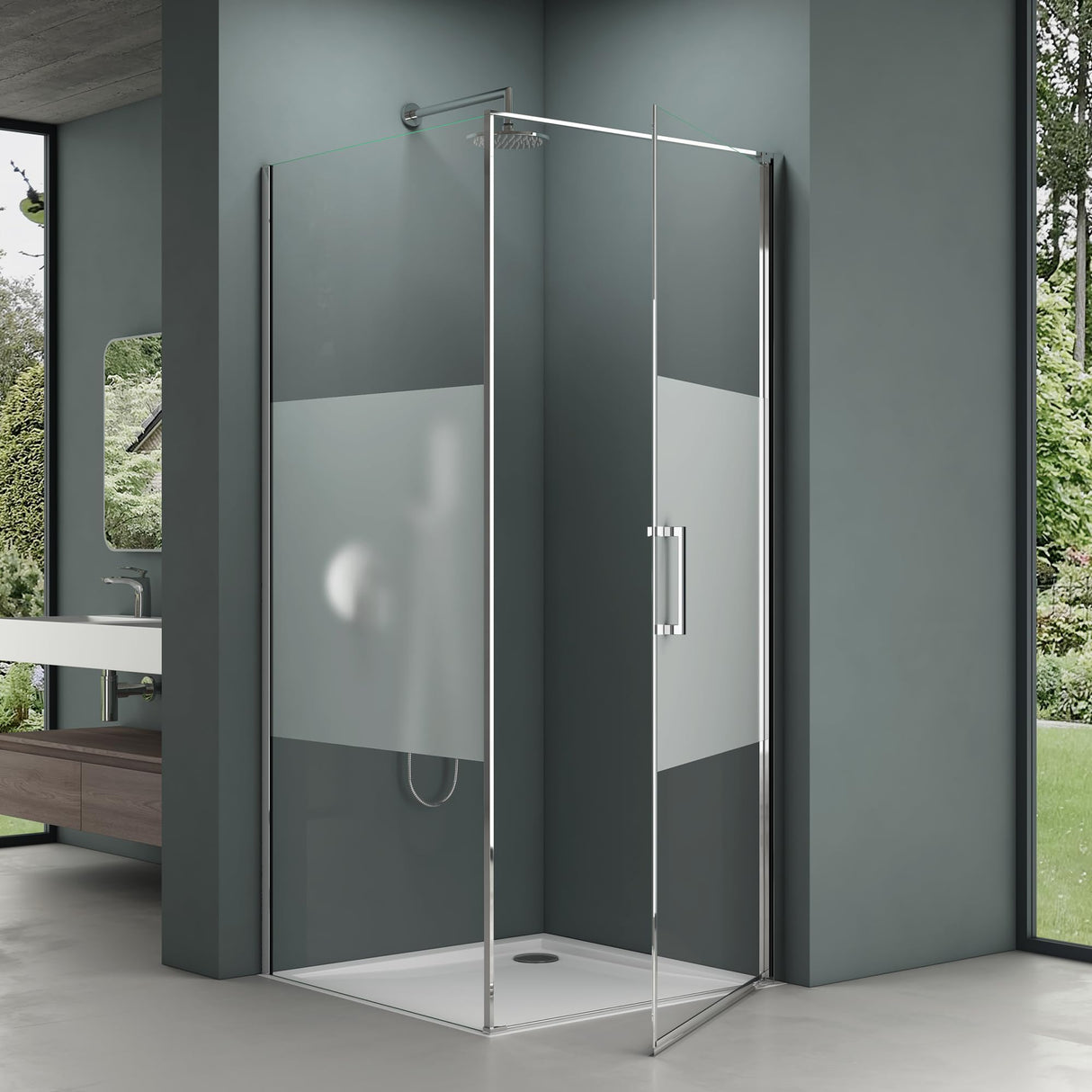 glasvilla Box Doccia in Vetro Parzialmente Smerigliato 8 mm Box Doccia con Meccanismo Alza/Abbassa e Porta Girevole Box Cabina Doccia Angolare Ravenna36MS-plus