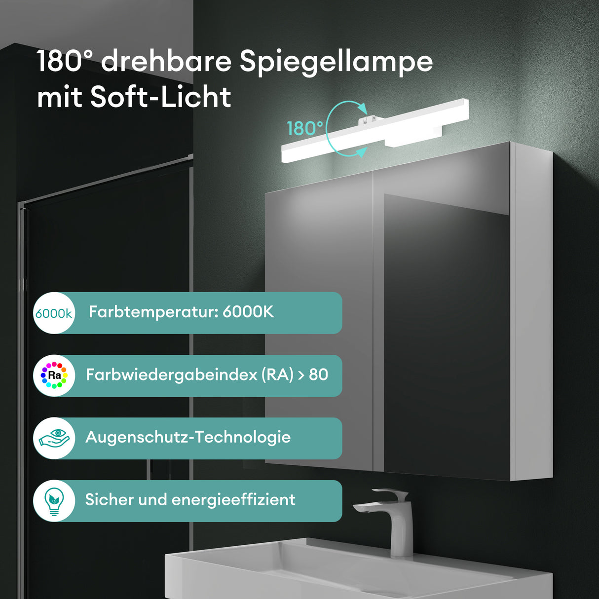 glasvilla Espejo armario de baño con iluminación armario de baño con lámpara de espejo lámpara de espejo 180° giratoria LED lámpara de baño Luxaris