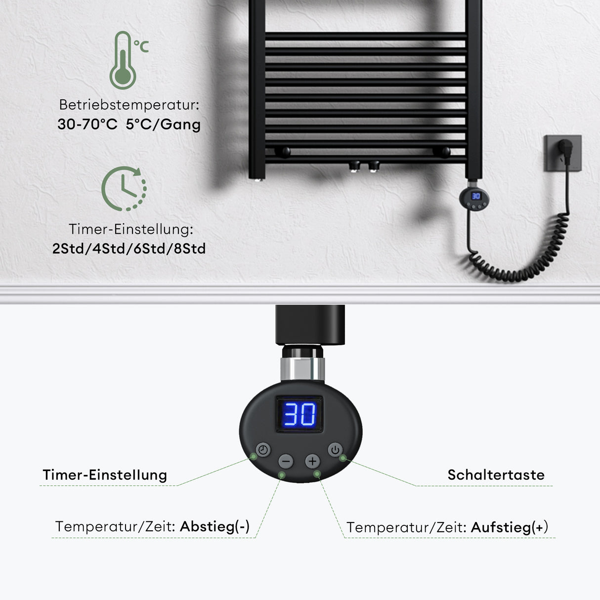 glasvilla Radiatore Piatto con Elemento Riscaldante Radiatore Scaldasalviette Elettrico Termoarredo da Bagno Radiatore Tubolare per Riscaldamento Bagno RHE