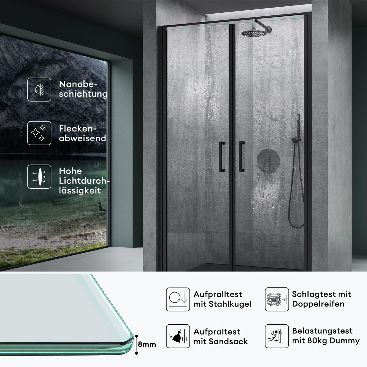 glasvilla Puerta de ducha Puerta de nicho ducha Separación de ducha Cromo y Negro Cabina de ducha Puerta oscilante 180° Doble puerta 8mm ESG Recubrimiento Nano Cristal transparente con mecanismo de elevación y descenso Teramo66