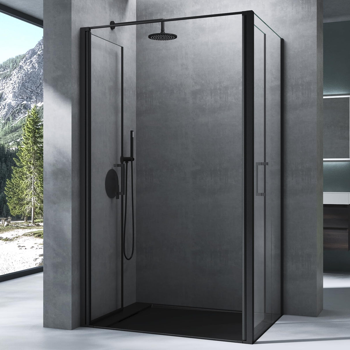 glasvilla Cabina de Ducha Cromo y Negro Separación de Ducha con Puerta Abatible Mecanismo de Elevación y Bajada 8mm Vidrio de Seguridad ESG Recubrimiento Nano Ravenna66K