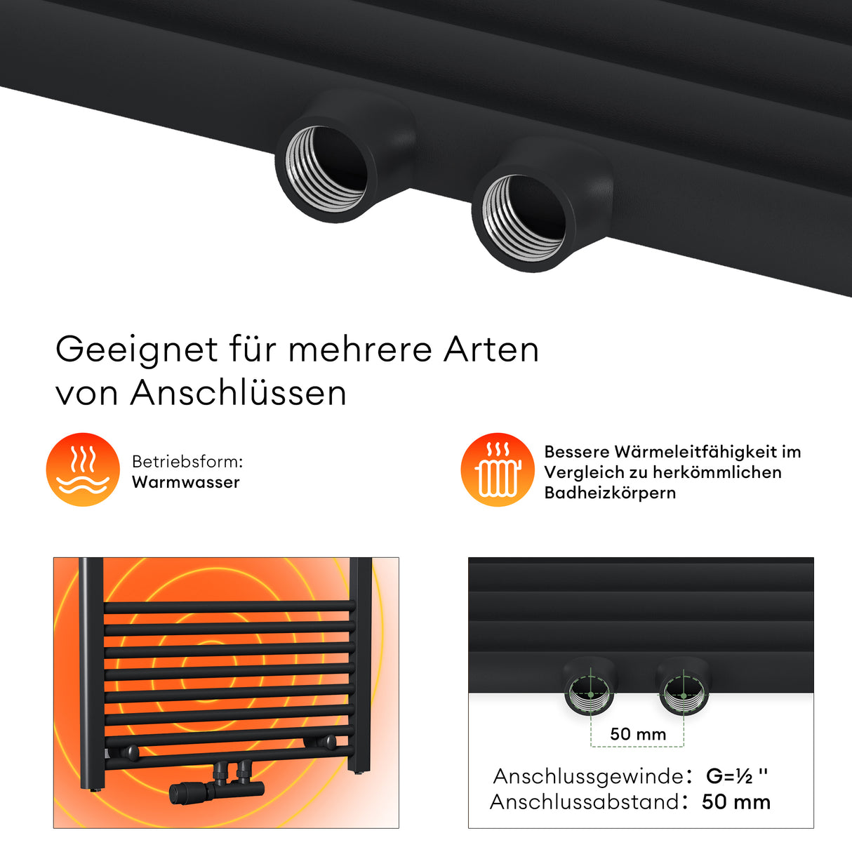 glasvilla Radiateur de Salle de Bain Design Raccordement Latéral et Central Sèche-Serviettes Tubulaire RHE