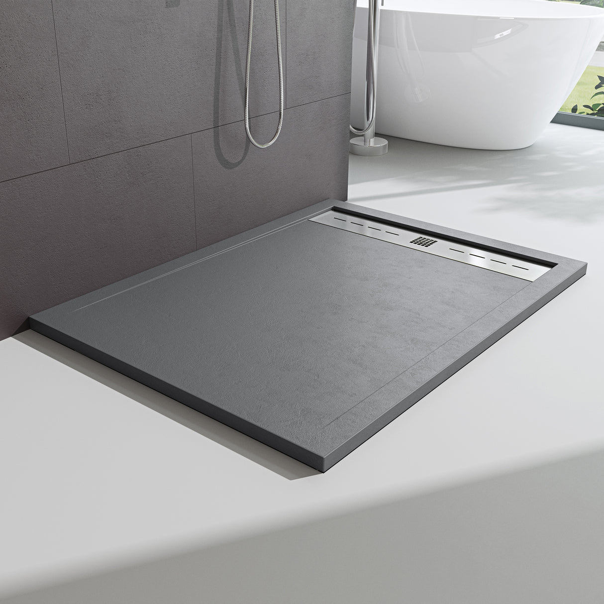 Piatto doccia Glasvilla Piatto doccia per box doccia piatto rettangolare grigio cemento in ghisa minerale di alta qualità Corvus
