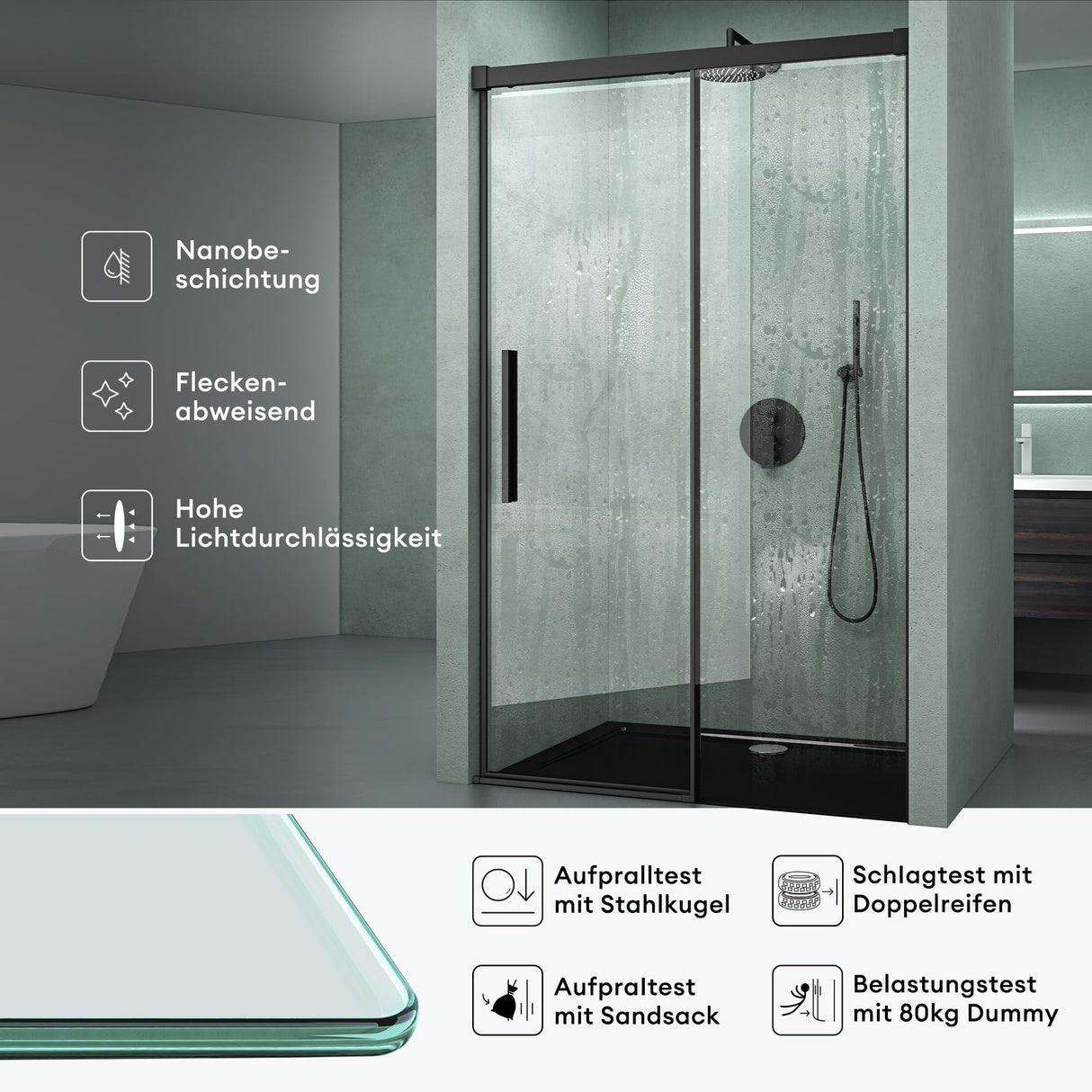 glasvilla Porte de Douche Porte de Niche Paroi de Douche Cabine de Douche Porte Coulissante Verre de Sécurité ESG 6mm Teramo12K