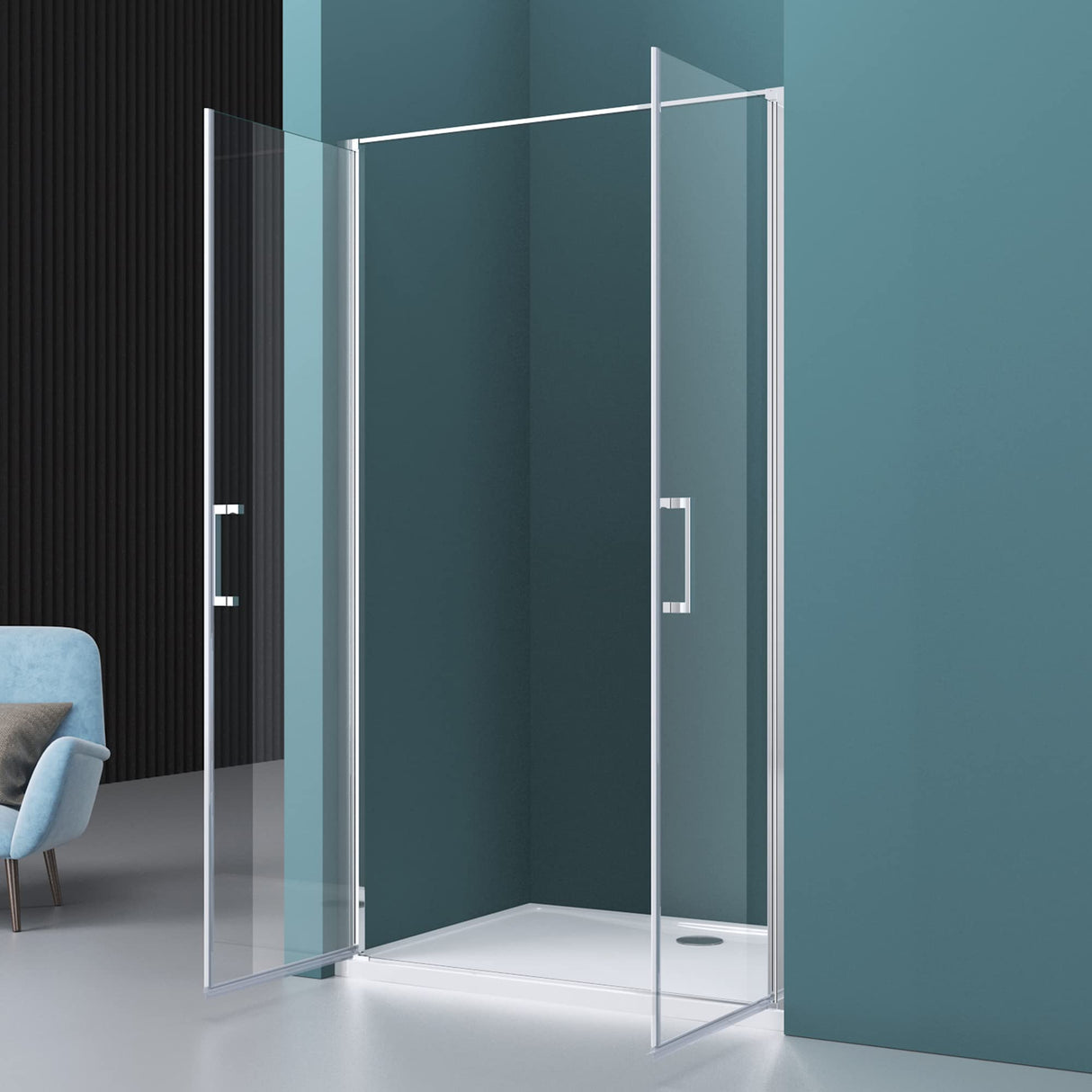 glasvilla Puerta de ducha Puerta de nicho ducha Separación de ducha Cromo y Negro Cabina de ducha Puerta oscilante 180° Doble puerta 8mm ESG Recubrimiento Nano Cristal transparente con mecanismo de elevación y descenso Teramo66