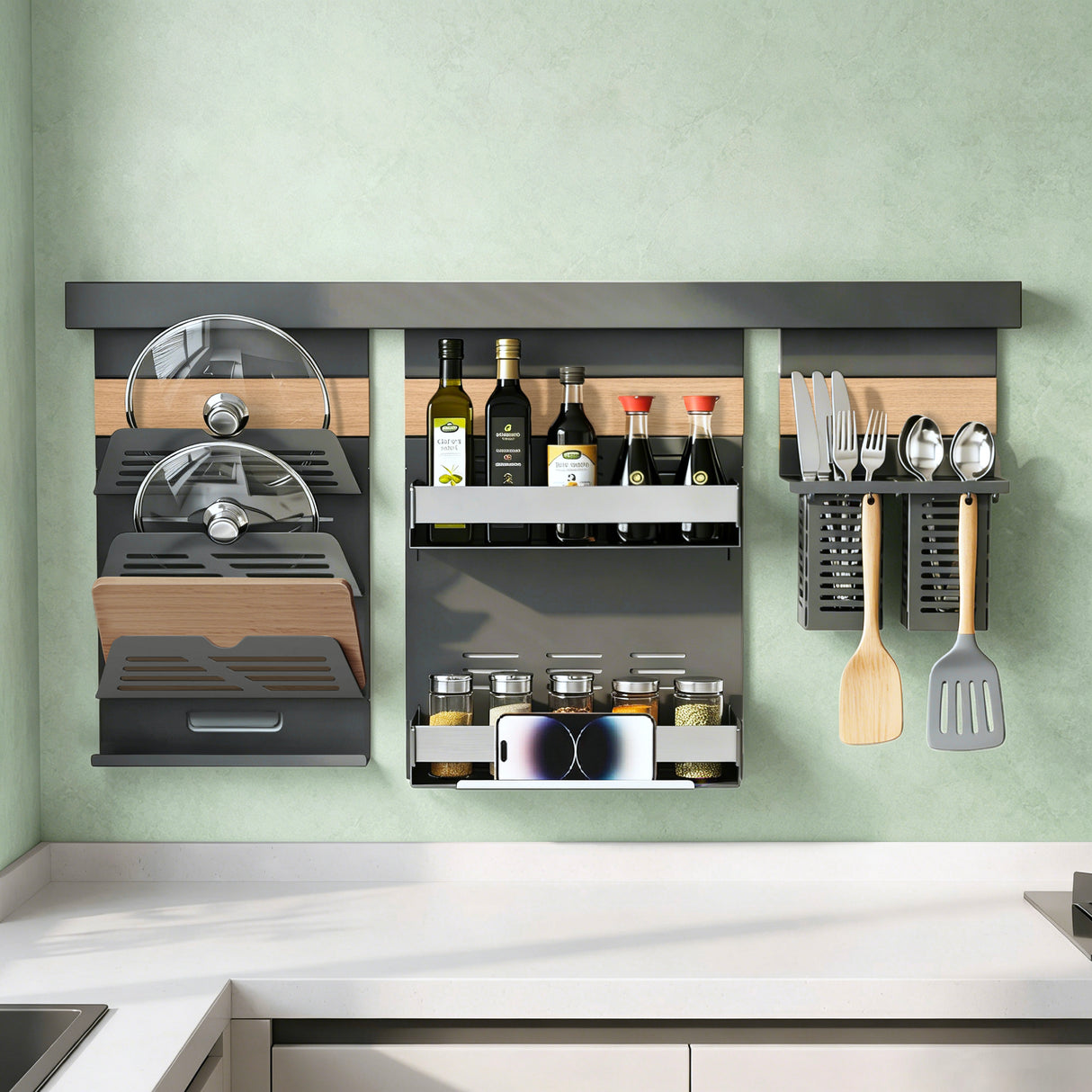glasvilla -Stöckiges Gewürzregal Küche mit Handyhalter und Utensilientöpfe inkl. 5 Haken, Multifunktional Küchenregal abnehmbar mit Schiene , Küchen Organizer Reglo-09-12