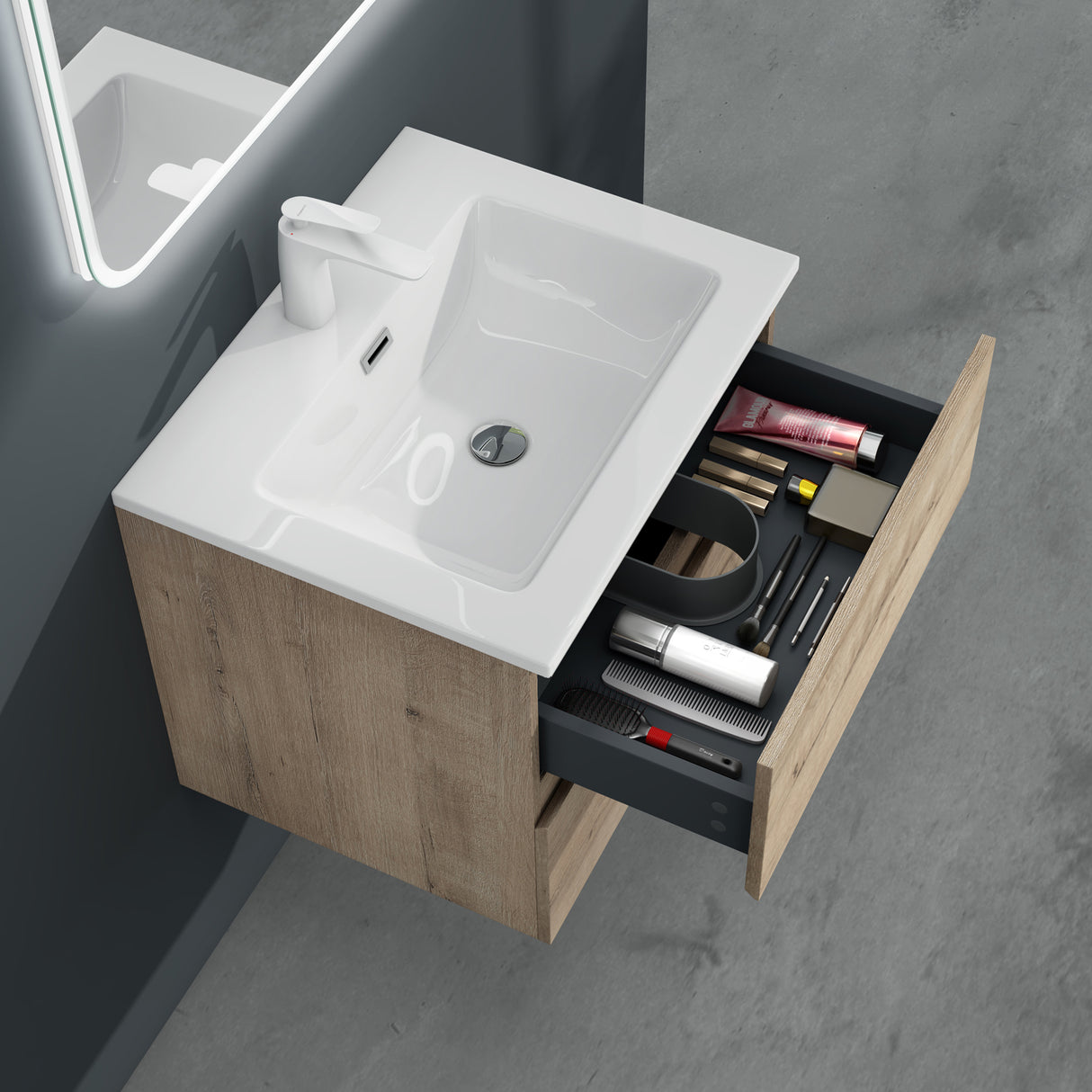 glasvilla Mobile Bagno Sospeso con 2 Cassetti Soft-close Mobiletto Bagno Include Lavabo da Marmo Fuso Aqualis