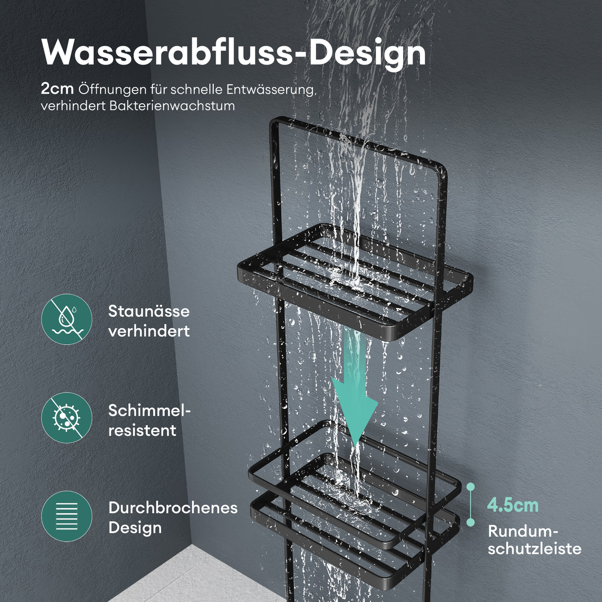 glasvilla Scaffale da Bagno di 3 Livelli 18x12.5x67.3cm, Scaffale Portaoggetti in Metallo Robusto con 4 Piedini Antiscivolo per Doccia, Reglo-02