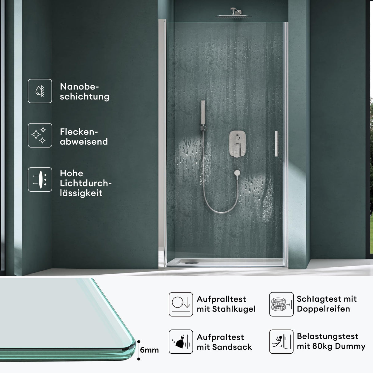 glasvilla Puerta de ducha Puerta de nicho Ducha Separación de ducha Cabina de ducha Puerta oscilante 180° vidrio de seguridad ESG con mecanismo de elevación y descenso vidrio claro y satinado rayas Teramo24K+MS D Nuevo