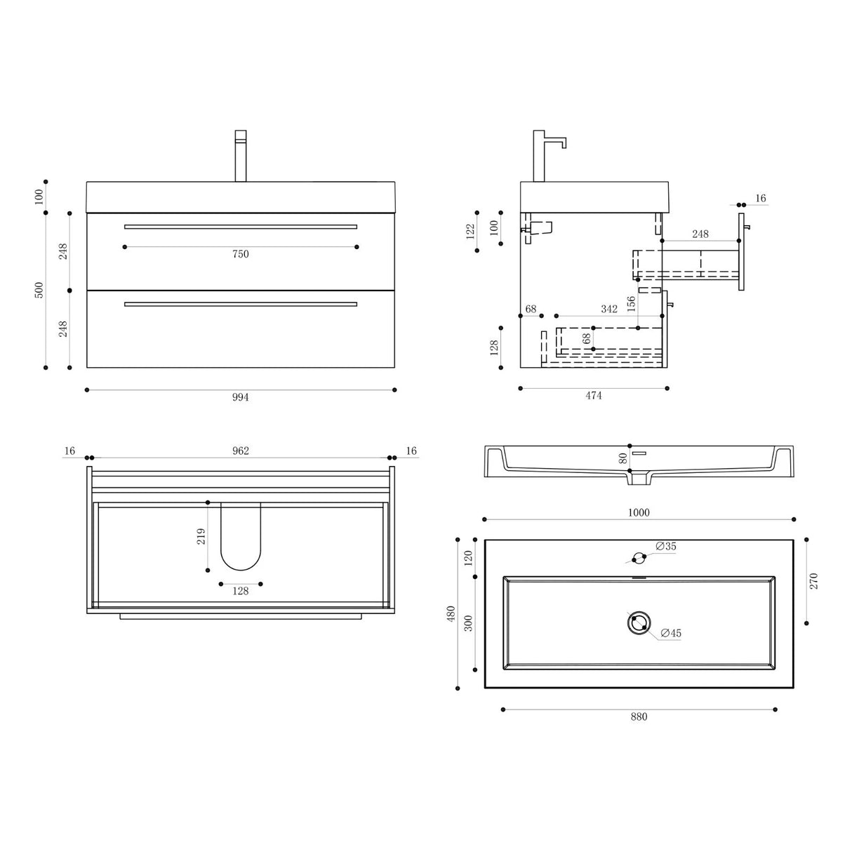 Ensemble de meubles de salle de bain Glasvilla comprenant un meuble-lavabo avec meuble bas et vasque en fonte minérale Quadratto