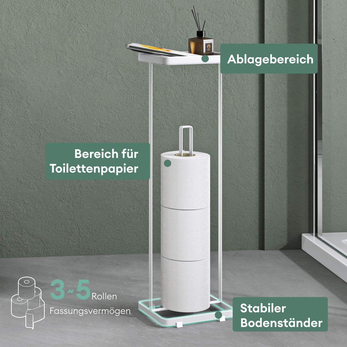 Porte-papier toilette sur pied Glasvilla avec étagère, support pour rouleau de papier toilette, 16 x 12 x 52 cm, Reglo-04