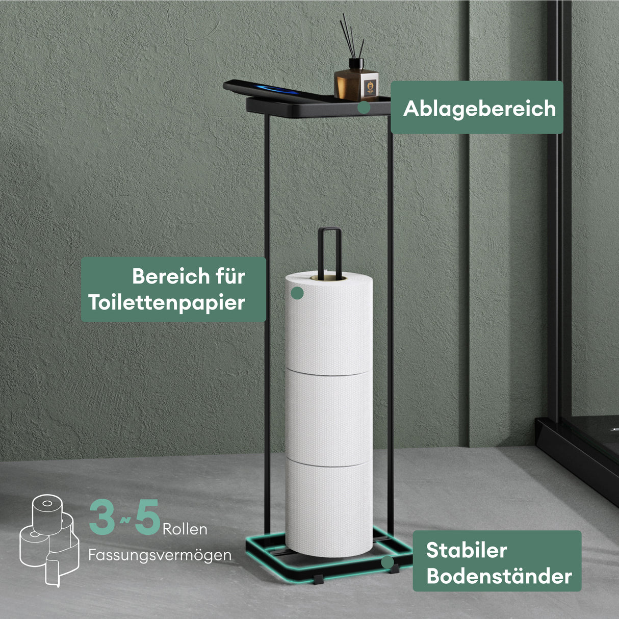Porte-papier toilette sur pied Glasvilla avec étagère, support pour rouleau de papier toilette, 16 x 12 x 52 cm, Reglo-04
