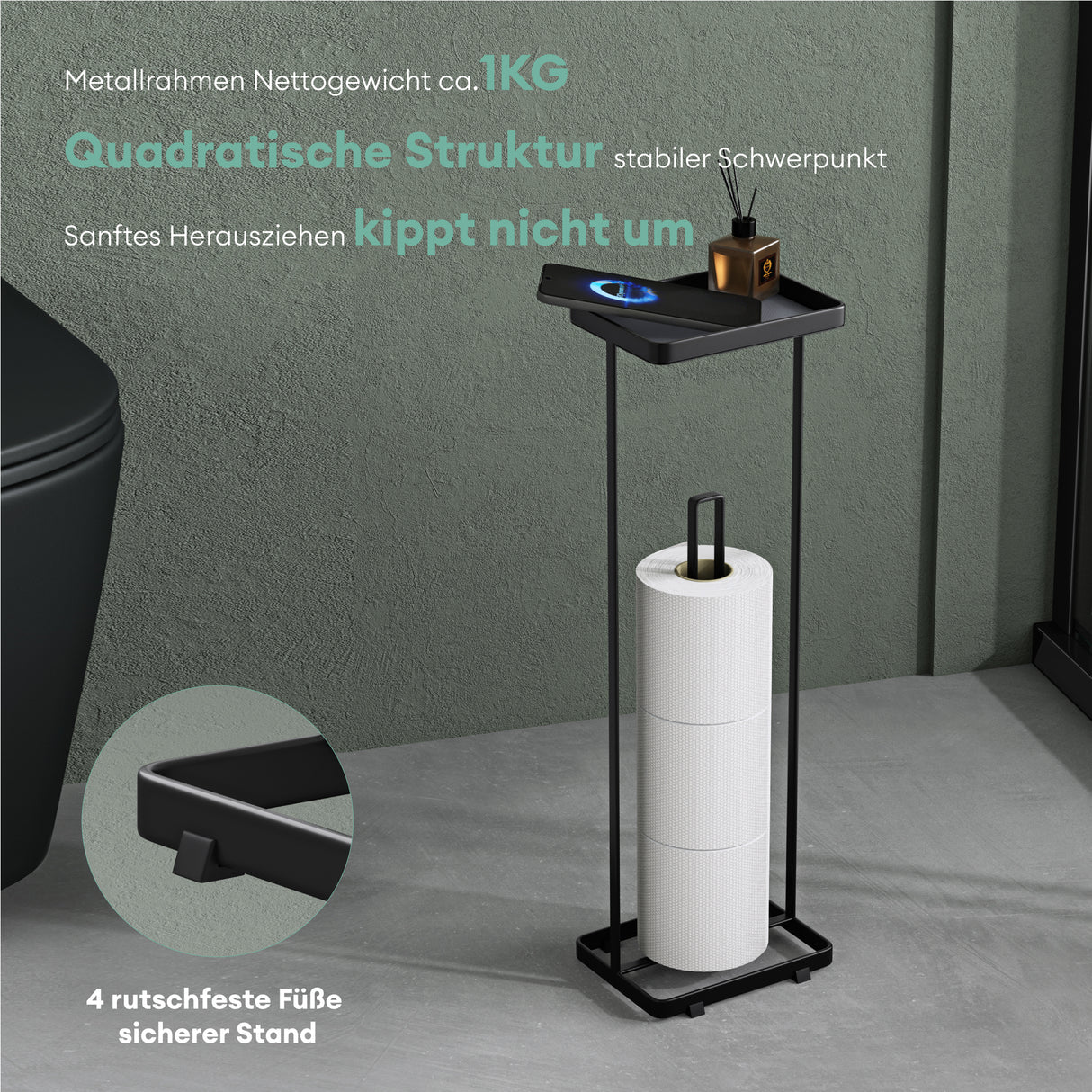 Porte-papier toilette sur pied Glasvilla avec étagère, support pour rouleau de papier toilette, 16 x 12 x 52 cm, Reglo-04