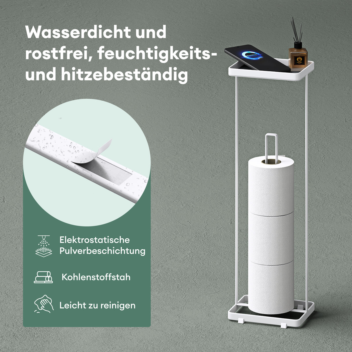 Porte-papier toilette sur pied Glasvilla avec étagère, support pour rouleau de papier toilette, 16 x 12 x 52 cm, Reglo-04