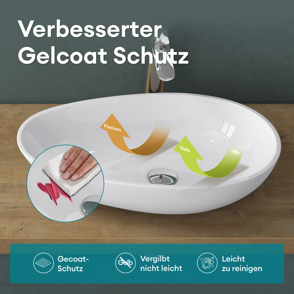 lavabo ovalado de encimera sin orificio para grifo y desagüe Col809