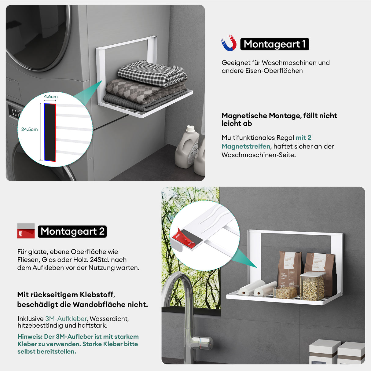 glasvolla Mensola Pieghevole per Lavatrice 41x25cm, Mensola Magnetica Lavatrice in Acciaio al Carbonio, Mensola da Parete Multifunzionale per Bagno e Cucina Folda-01