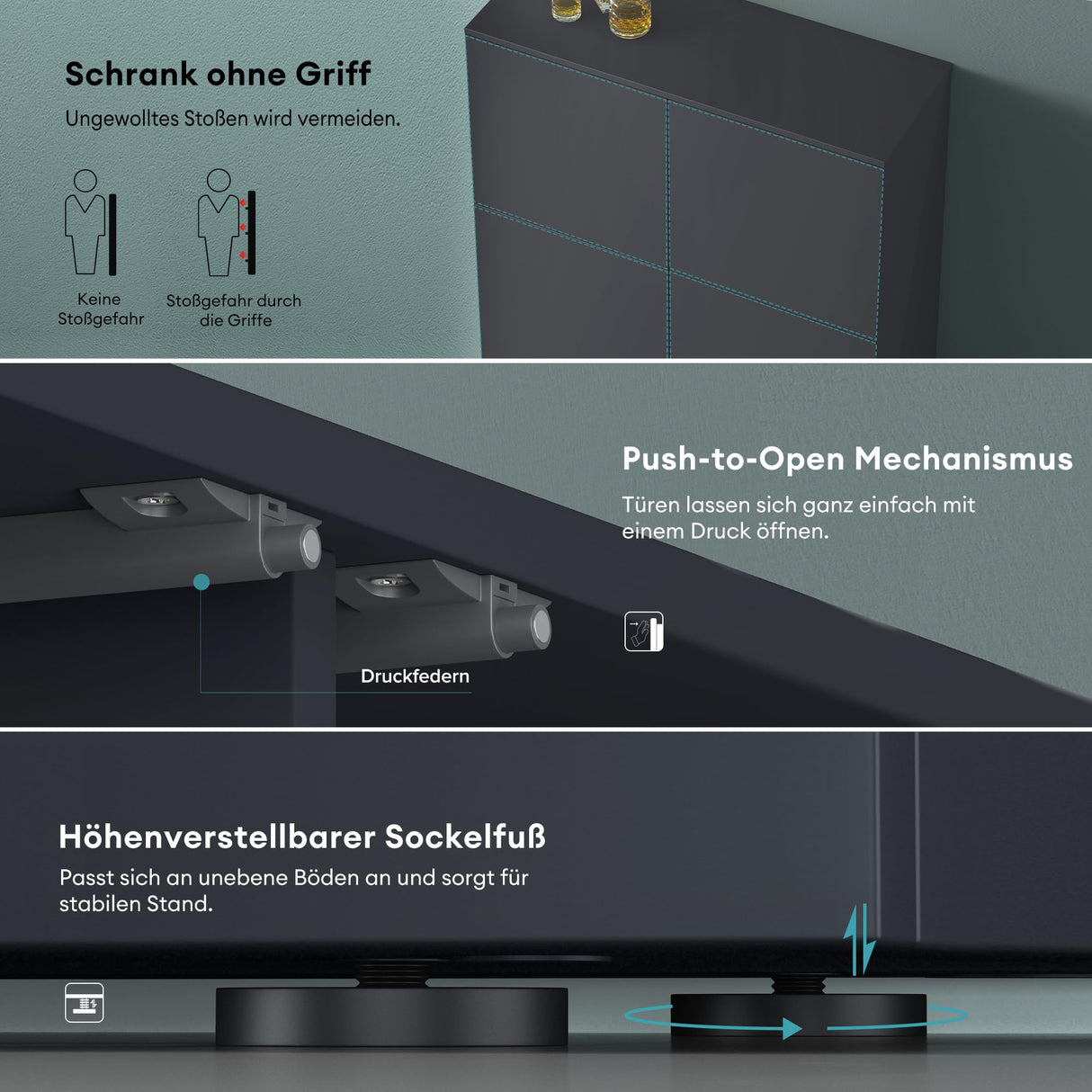 glasvilla Mobile Contenitore con 4 ante e 4 vani per Soggiorno, Sala da Pranzo, Camera da Letto Schrank04