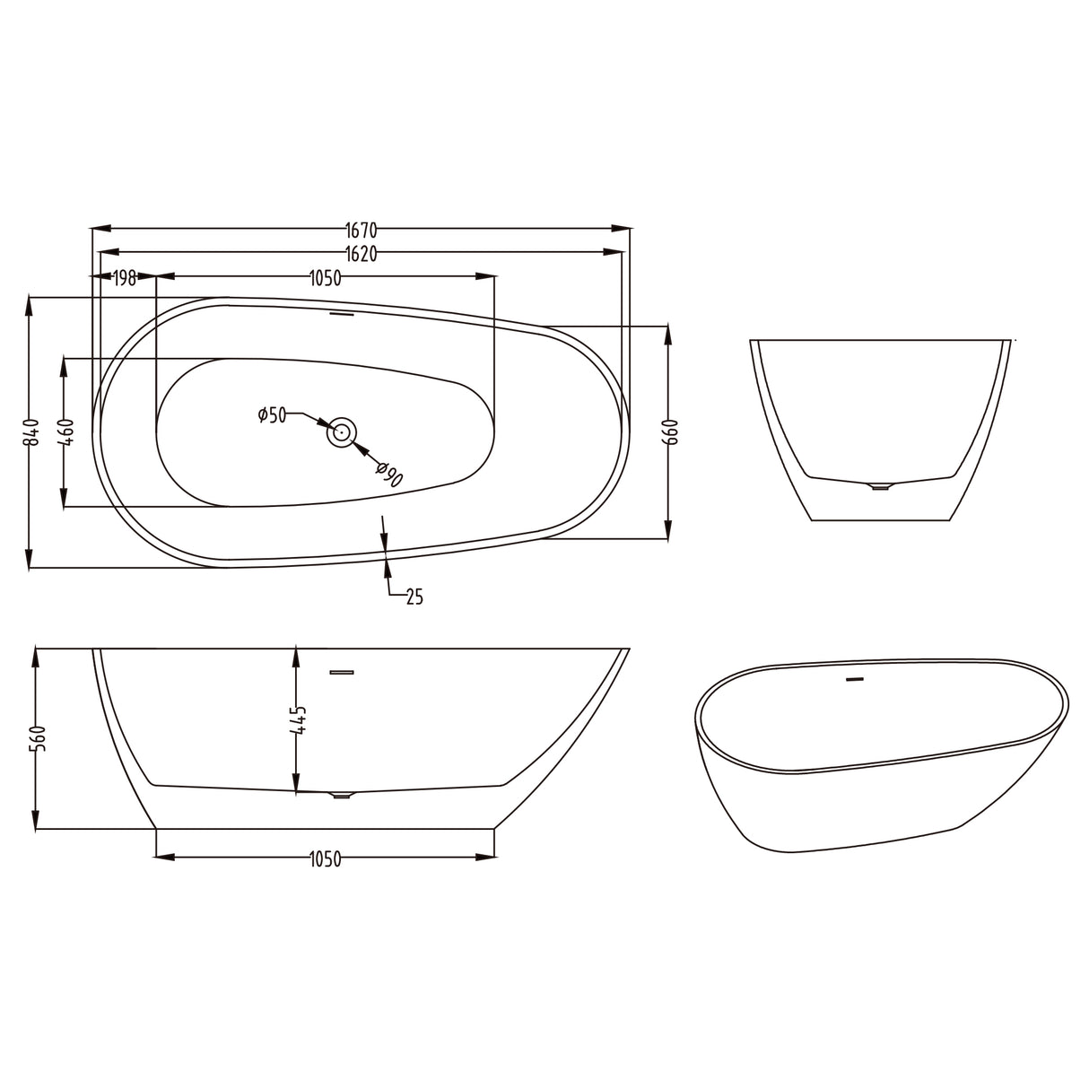glasvilla Bañera Independiente Acrílico Ovalada Bañera de Acrílico de Pie incl. Kit de Drenaje Pop Up Blanco