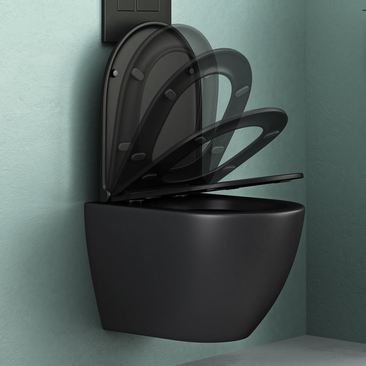 WC suspendu sans bride Glasvilla, noir, avec abattant à fermeture ralentie