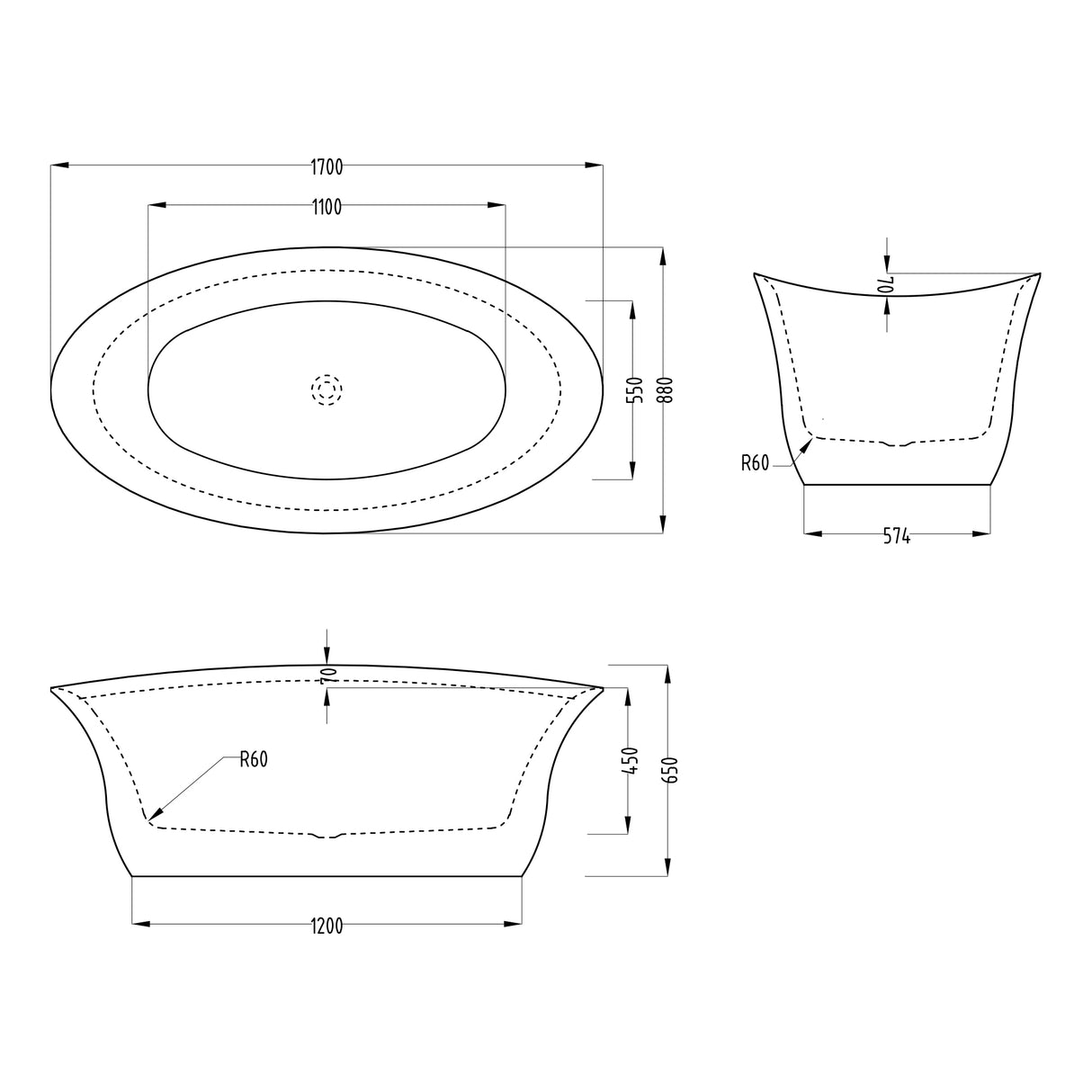 glasvilla Bañera Independiente Acrílico Ovalada Bañera de Acrílico de Pie incl. Kit de Drenaje Pop Up Blanco