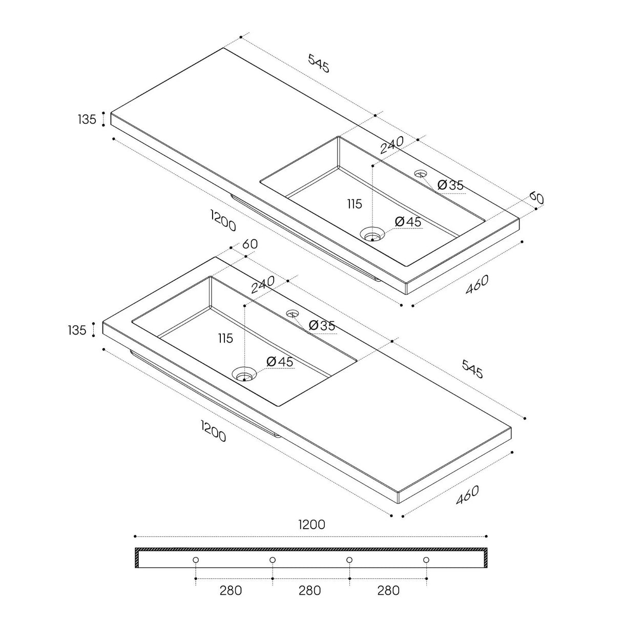 glasvilla lavabo de encastre lavabo a la derecha BTH: 120x46x13,5cm diseño de mueble de lavabo en mineral colado en blanco Colossum820